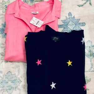 J. Crew Cashmere Navy Star Sweater Layered with NWT Pink J. Crew Blouse, Size XL